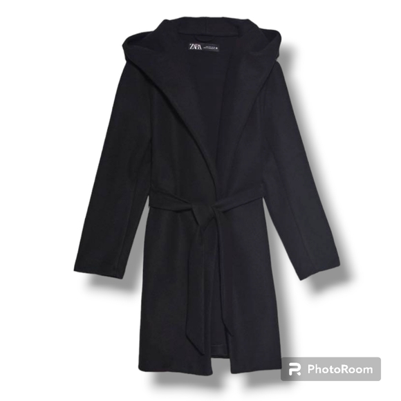 FREE SHIPPING 📬 Zara Hooded Belted Black Coat XSmall - Picture 3 of 7